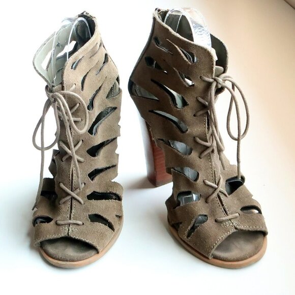 MIA Military Green Suede Leather Peep Toe Cutout Lace-up Heels Bootie Shoes 6 - Picture 4 of 16
